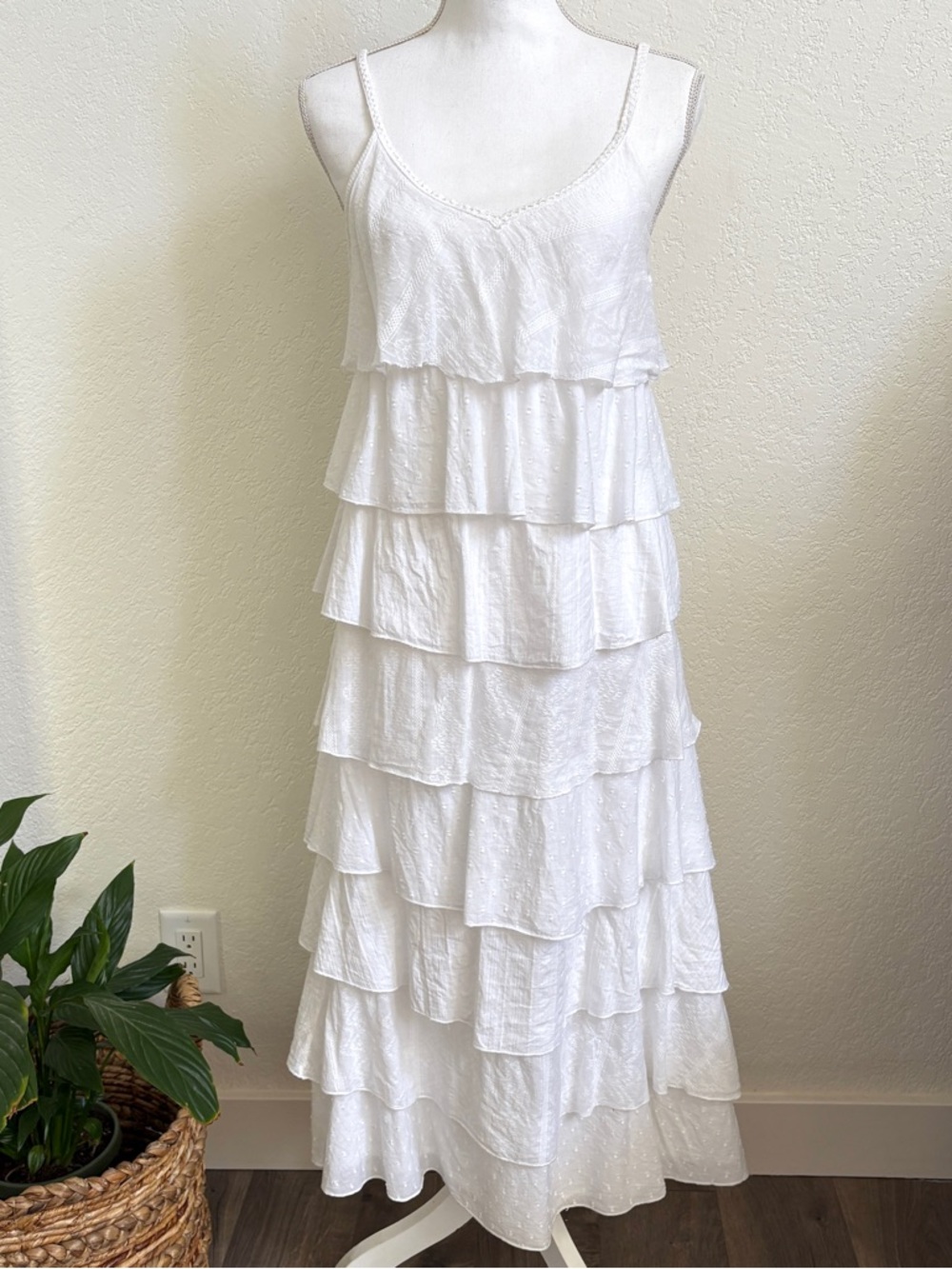 Solitaire White Multi Tiered Ruffle Textured Cotton Maxi Dress S